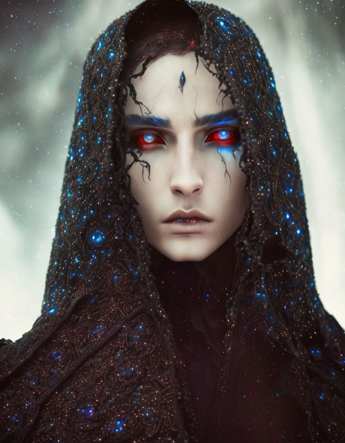 Striking blue eyes with red eyeshadow in black hooded garment on snowy background