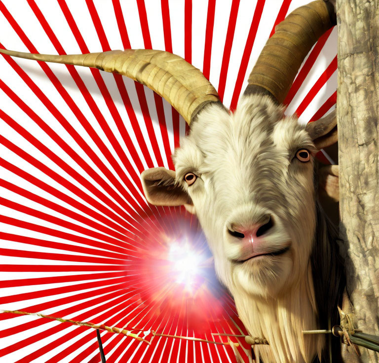 Curved-horned goat behind a tree with red and white sunburst background