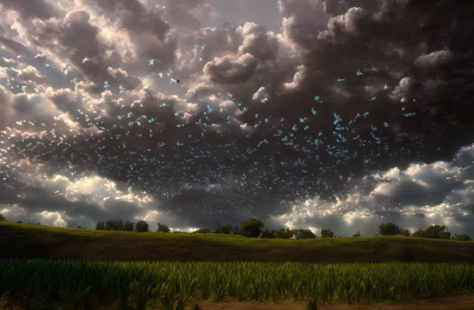 Birds flying under stormy sky above green meadow