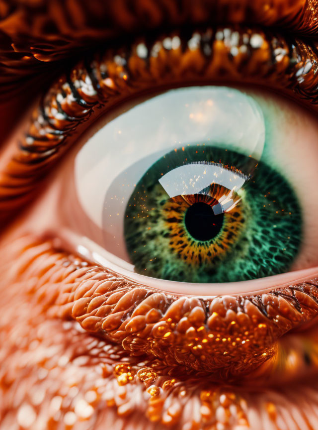 Detailed Close-Up of Vibrant Green Iris with Reddish-Brown Eyelashes