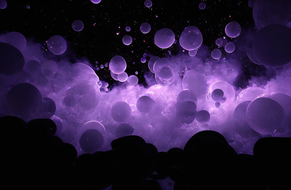 Translucent purple spheres in cosmic space scenery