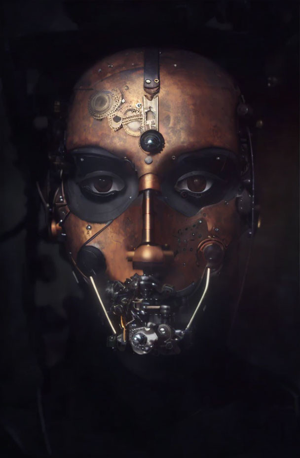 Steampunk-inspired robotic face with intricate gears and dark eyes