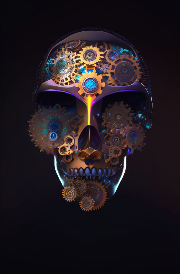 Intricate digital artwork: skull with glowing gears and cogs