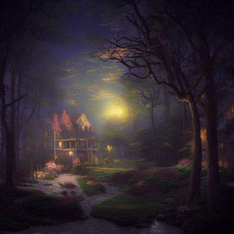 Tranquil nightscape: cottage in lush garden under moonlight