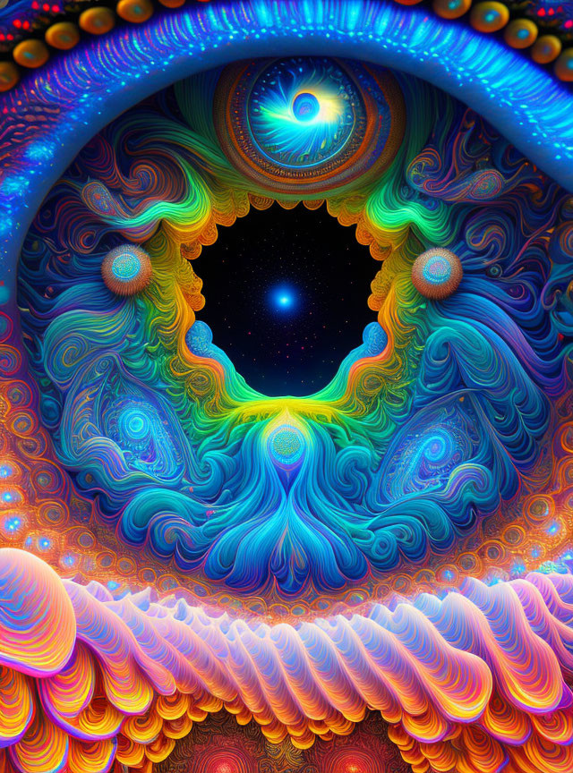 Colorful Psychedelic Eye Illustration with Swirling Patterns