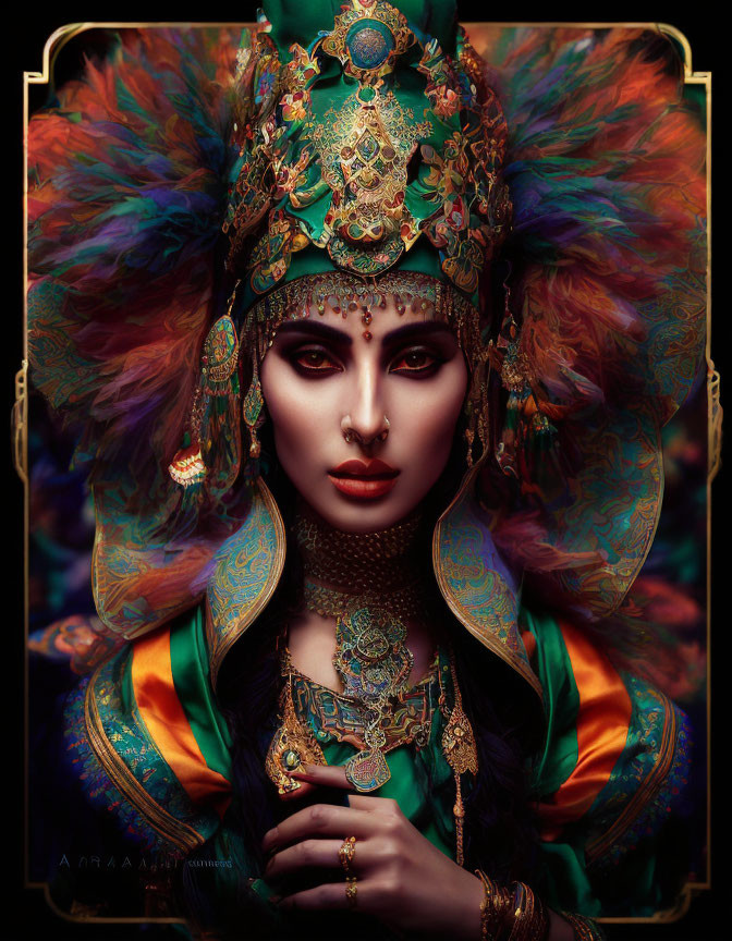 Woman in ornate headdress and vibrant attire radiates majesty