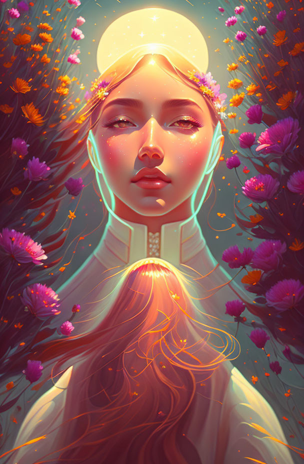 Digital portrait of woman with glowing edges and colorful flowers in ethereal setting