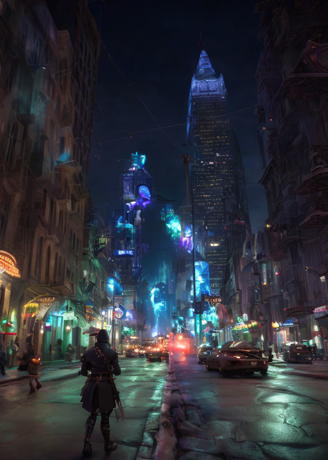 Futuristic neon-lit street scene with towering buildings at night