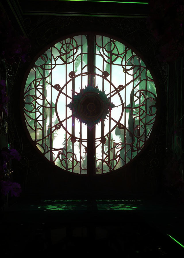 Intricate round window with metalwork silhouette and greenery frame