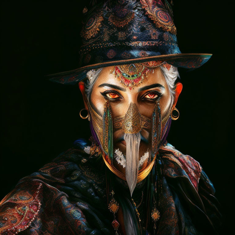 Silver-haired person with ornate makeup, decorative hat, and bejeweled mask on dark background