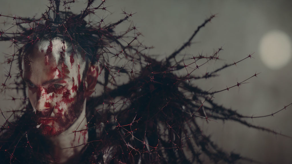 Person with blood-stained face and thorny twigs on head in dark setting