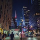 Futuristic neon-lit street scene with towering buildings at night