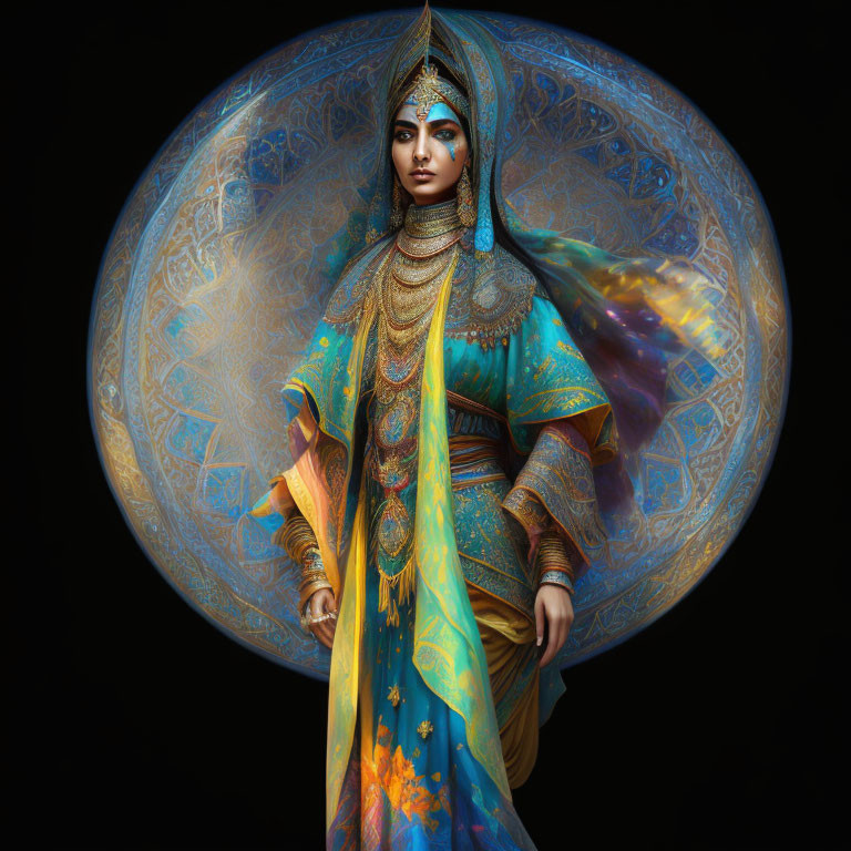 Traditional Indian attire woman with blue and gold shawl on circular backdrop