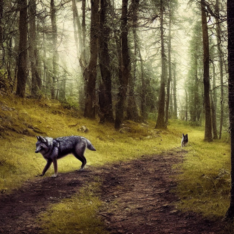 Misty forest scene with two wolves on a path