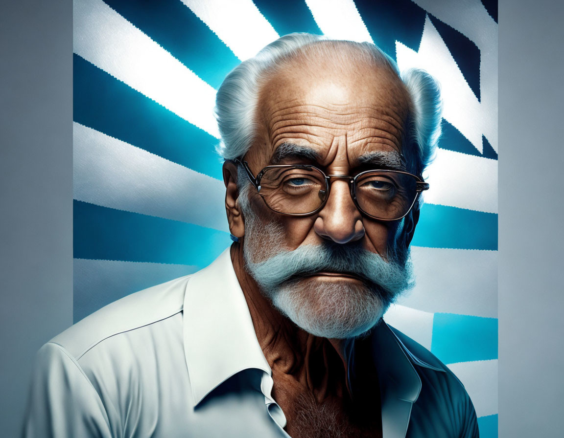 Elderly man with white hair, mustache, and glasses on blue background