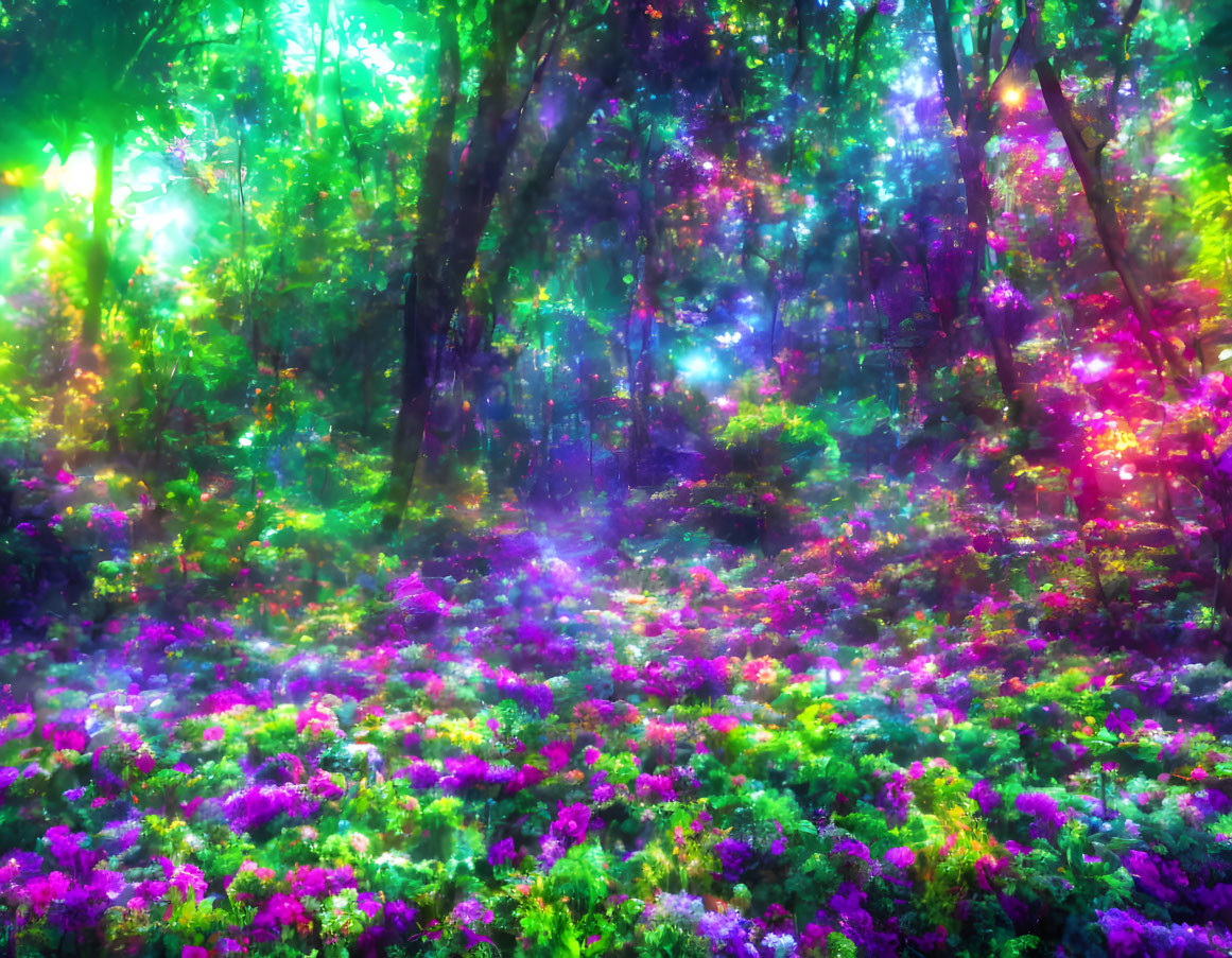 Colorful woodland scene with sunlight filtering through trees and purple wildflowers