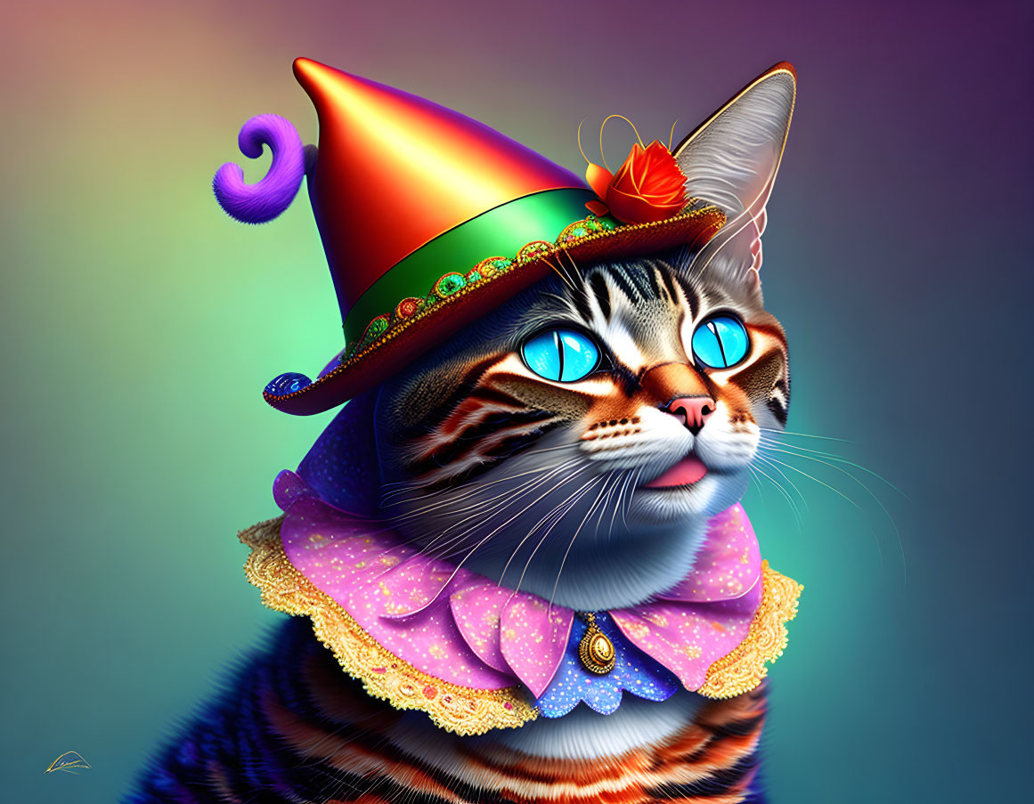 Whimsical cat digital artwork with blue eyes and party hat