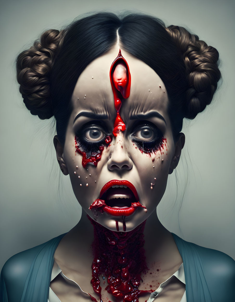 Digital art: Woman with red liquid dripping and horror makeup.