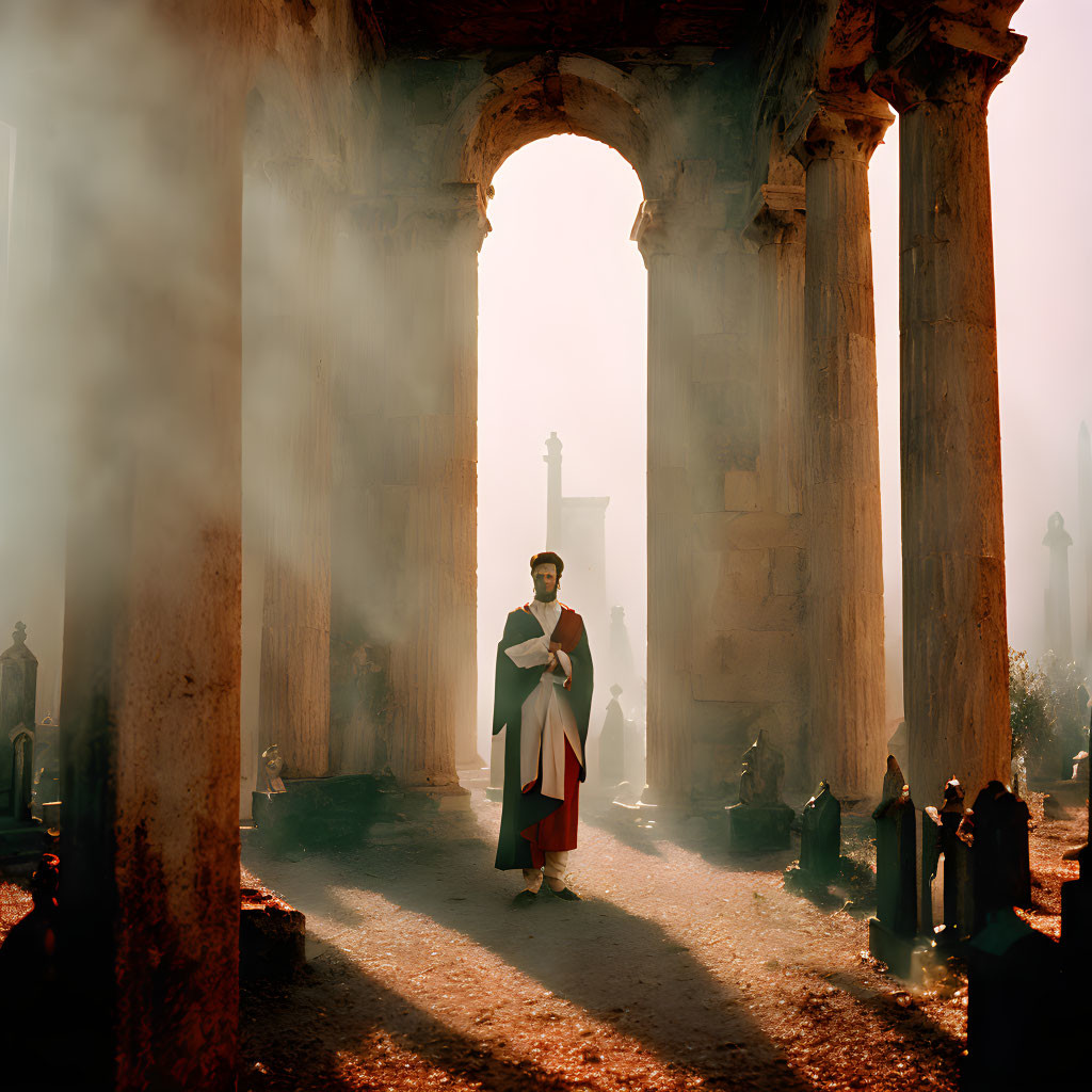 Historical Roman attire figure in misty ancient ruin with columns