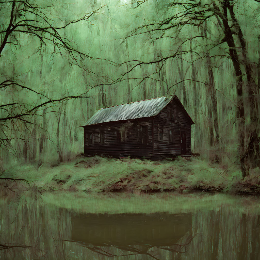 Eerie wooden cabin in misty green setting with weeping willow trees