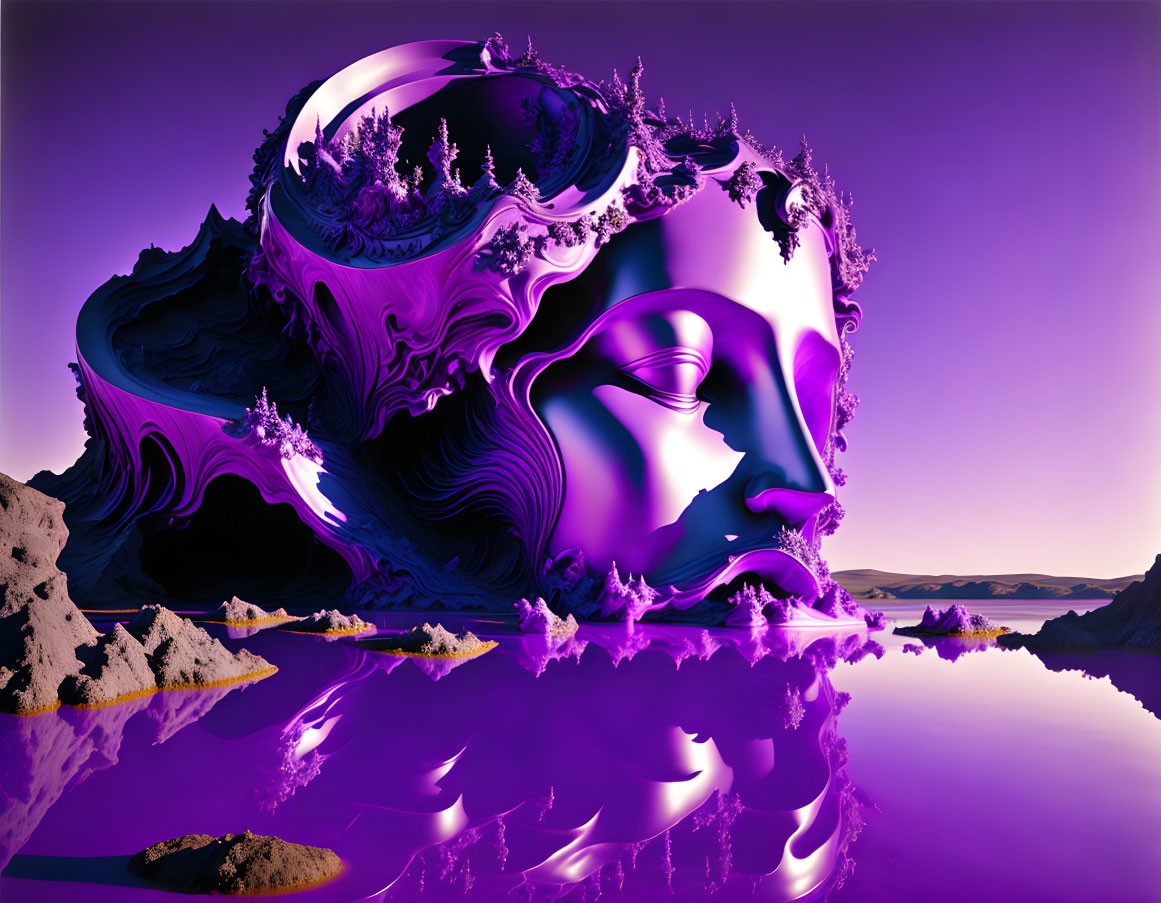 Surreal purple landscape with mirrored lake and giant human head profile