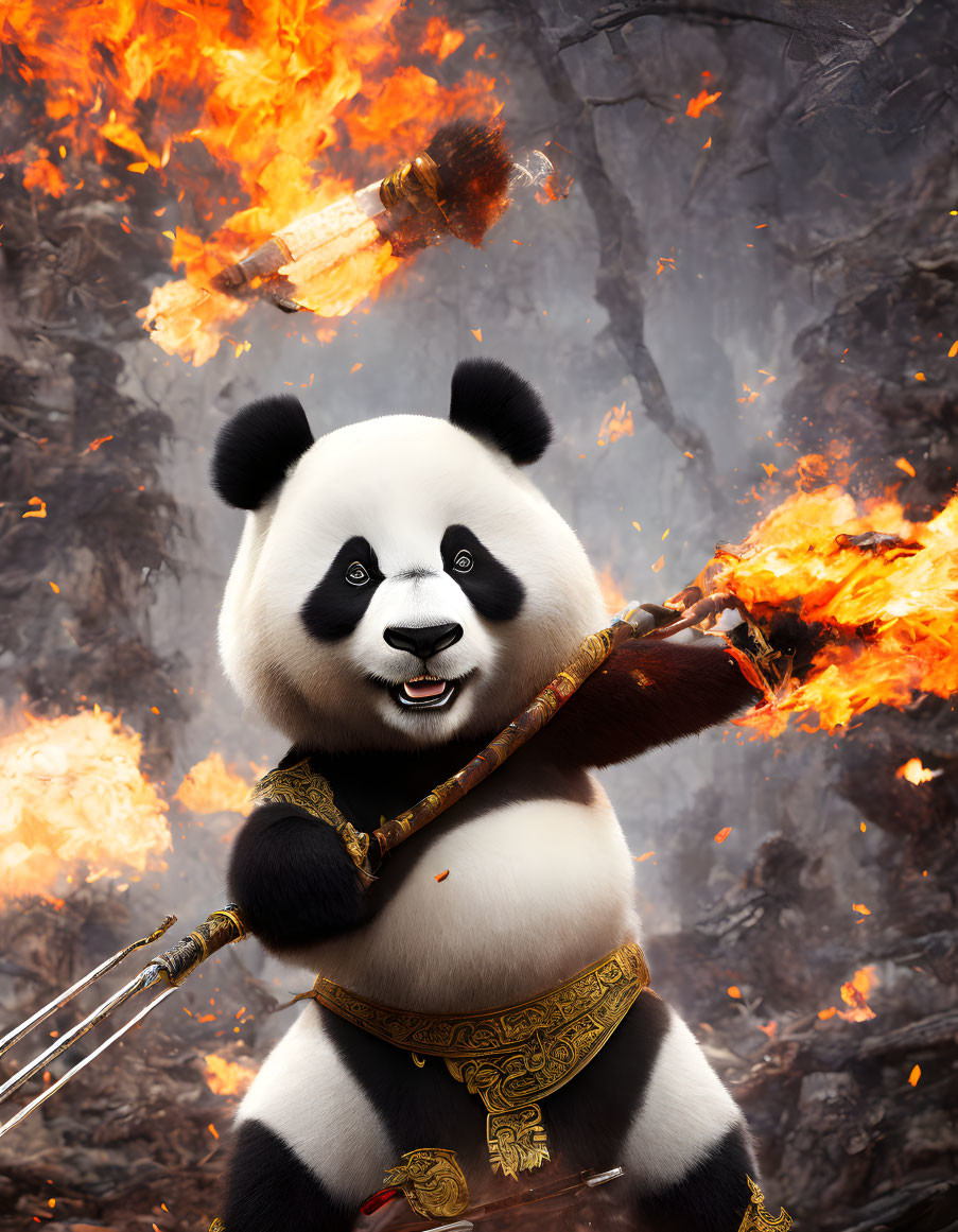 Panda in martial arts attire with staff among flaming torches