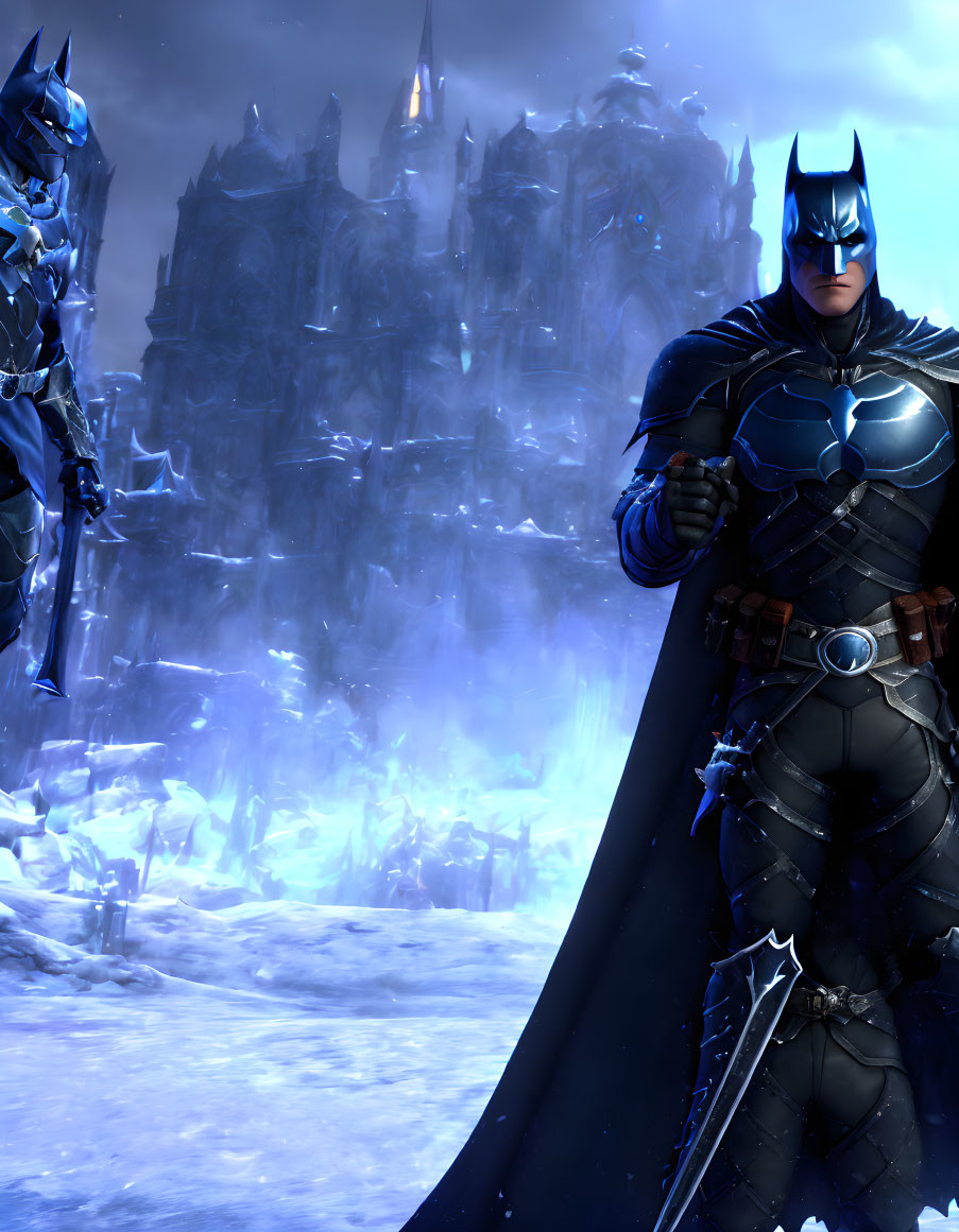 Brooding Batman in snowy landscape with gothic castle