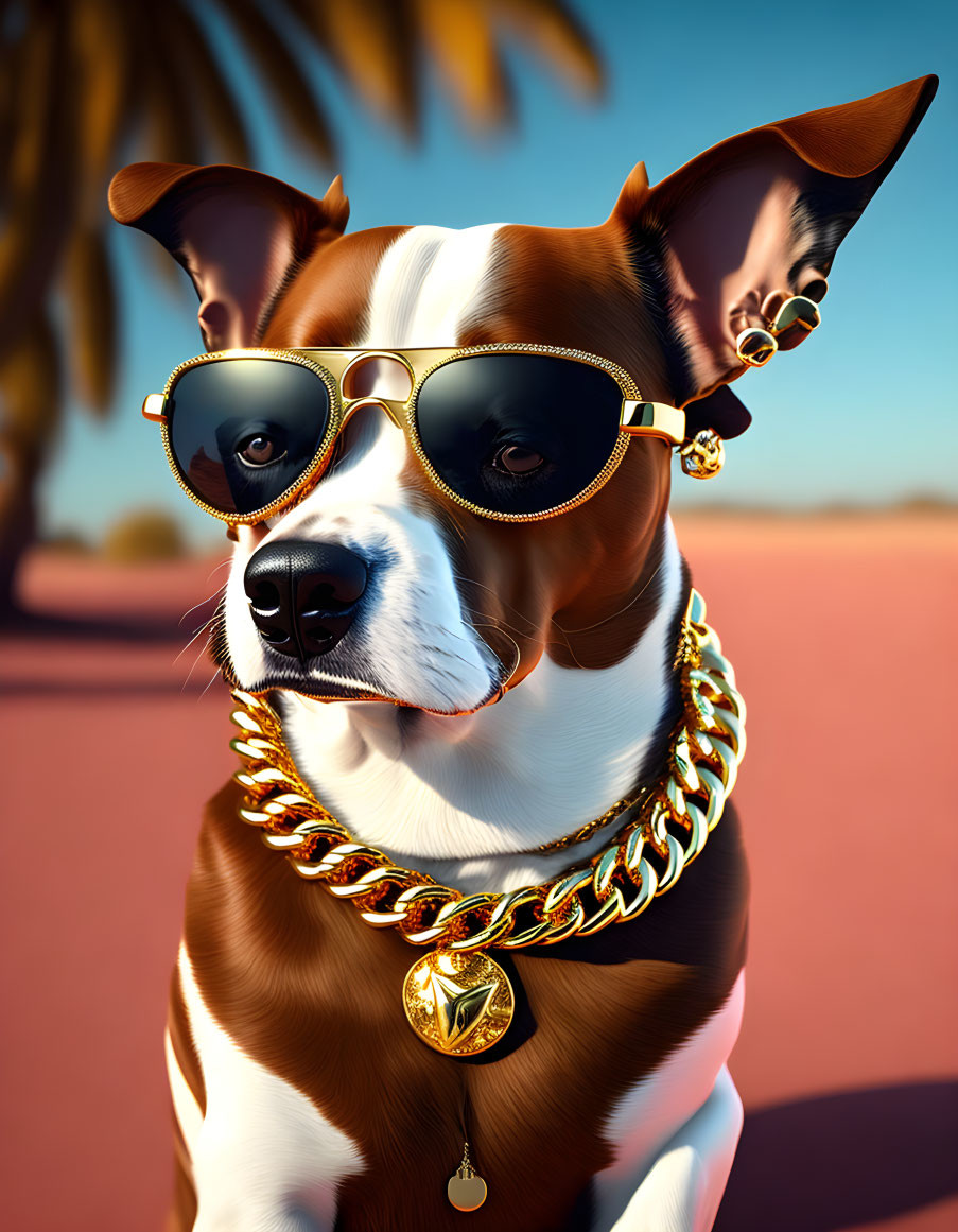 Stylish Dog with Gold Chain & Sunglasses in Tropical Setting