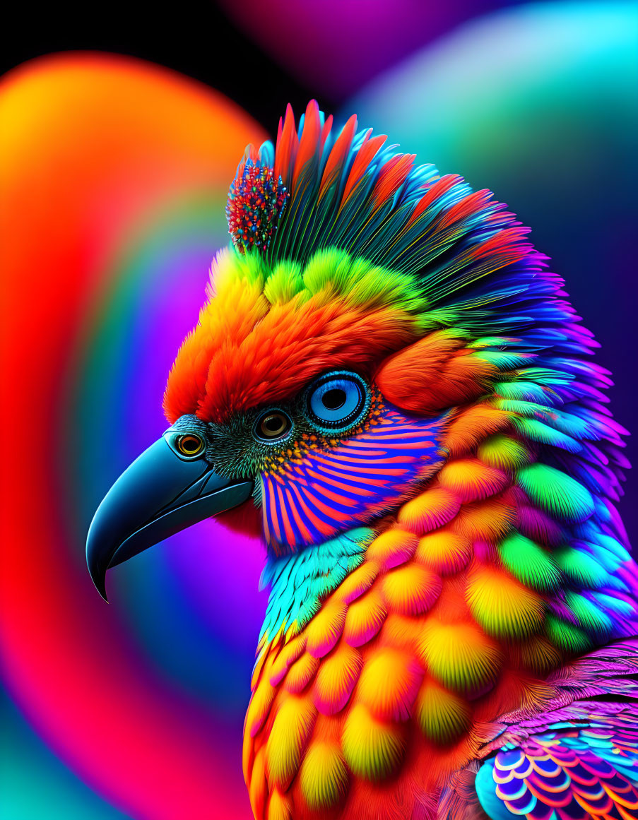 Colorful Parrot Artwork with Rainbow Feathers on Psychedelic Background