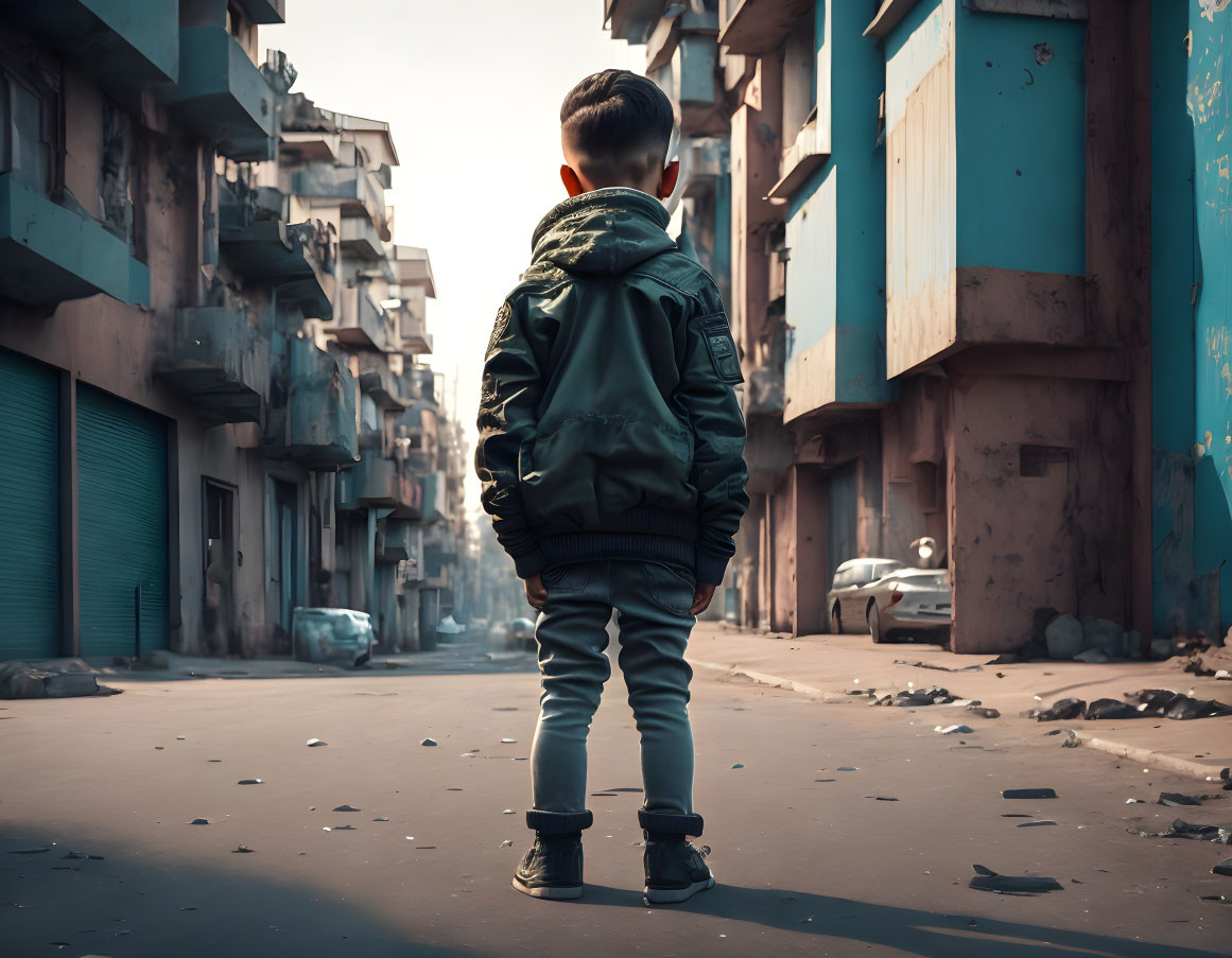 Young boy in littered street with dilapidated buildings