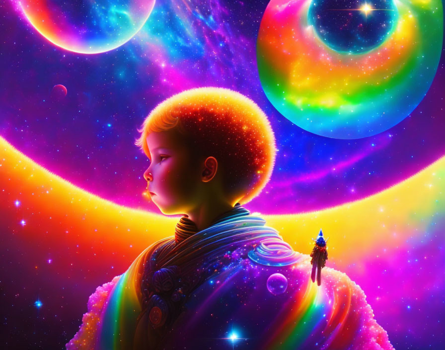 Child admires cosmic scene with planets and bubbles in vibrant colors