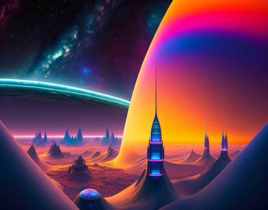 Futuristic neon landscape with towering spires and desert dunes