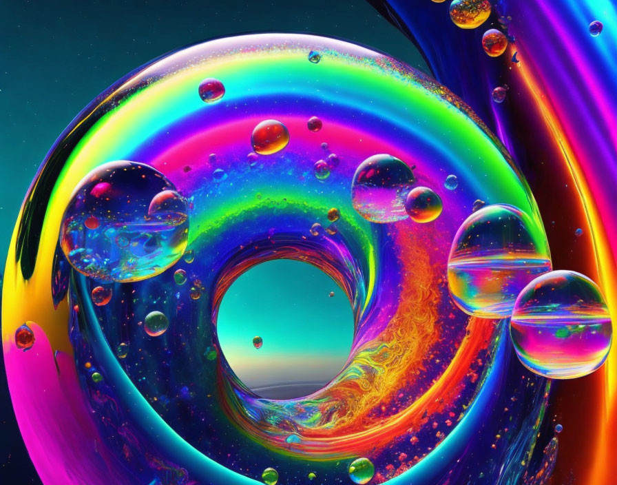 Colorful psychedelic swirl with bubbles on cosmic background