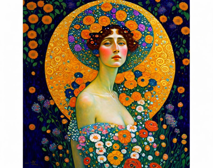 Vibrant Art Nouveau portrait with woman, flowers, and halo in rich oranges, yellows