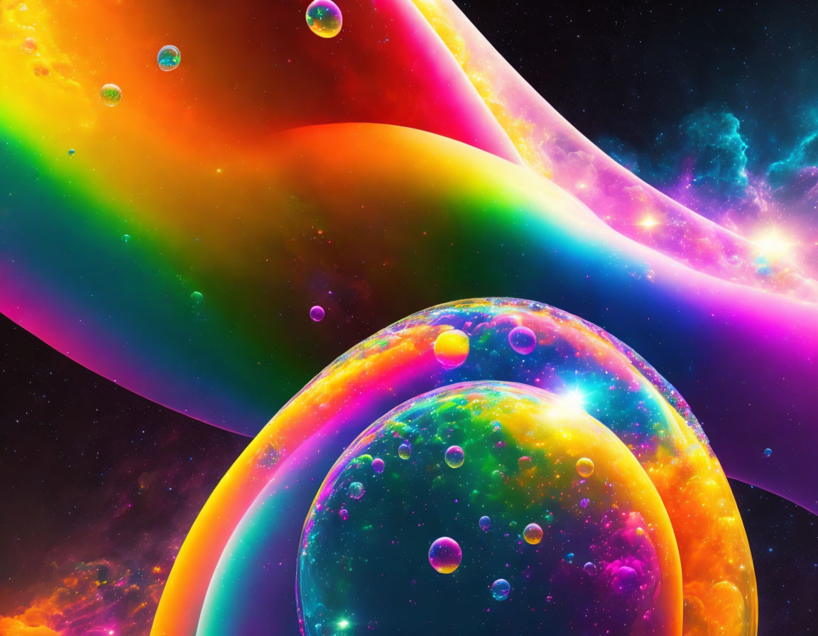 Colorful Cosmic Background with Swirling Rainbow Colors and Glowing Orbs