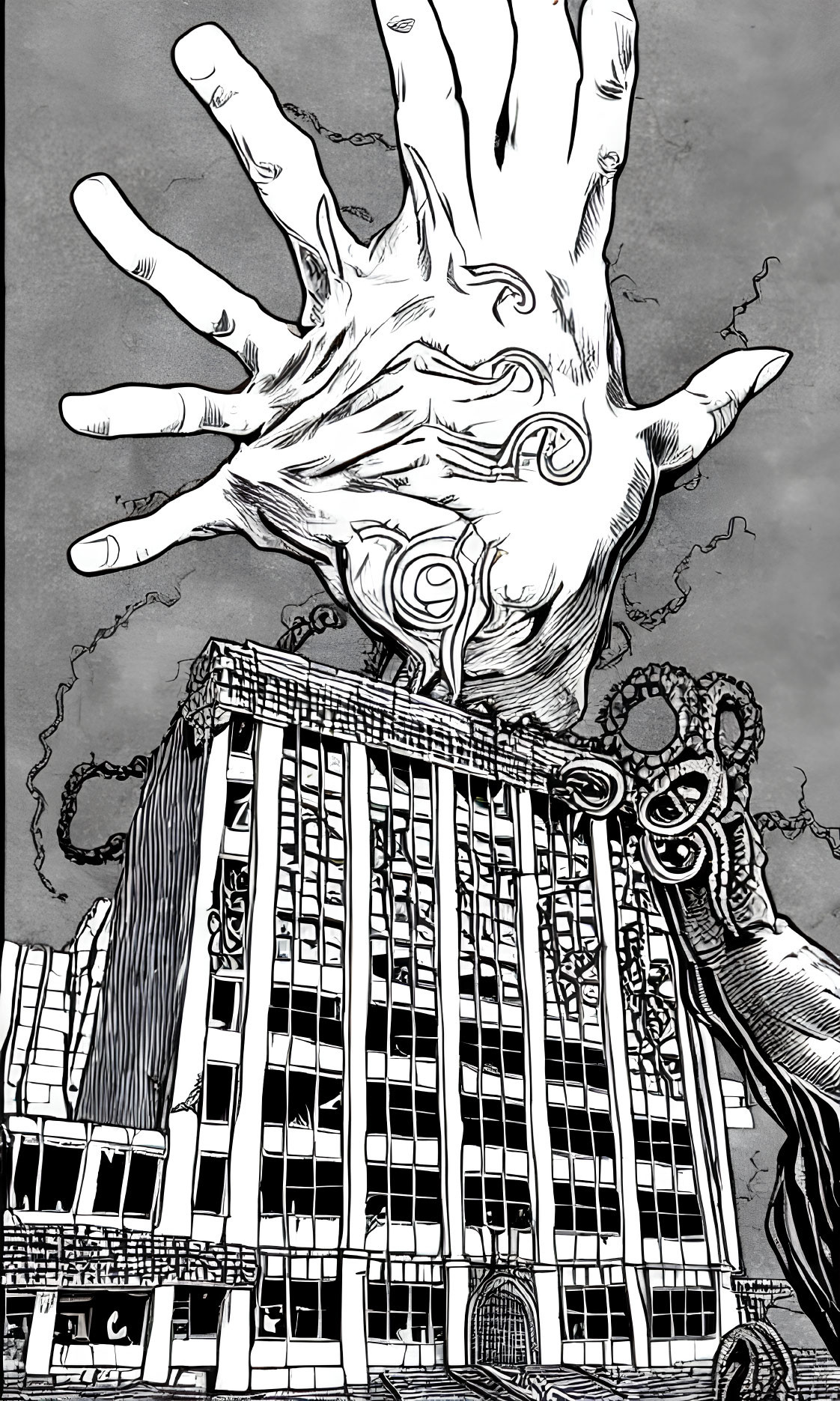 Monochrome illustration of giant hand holding skyscraper with chained smaller hands
