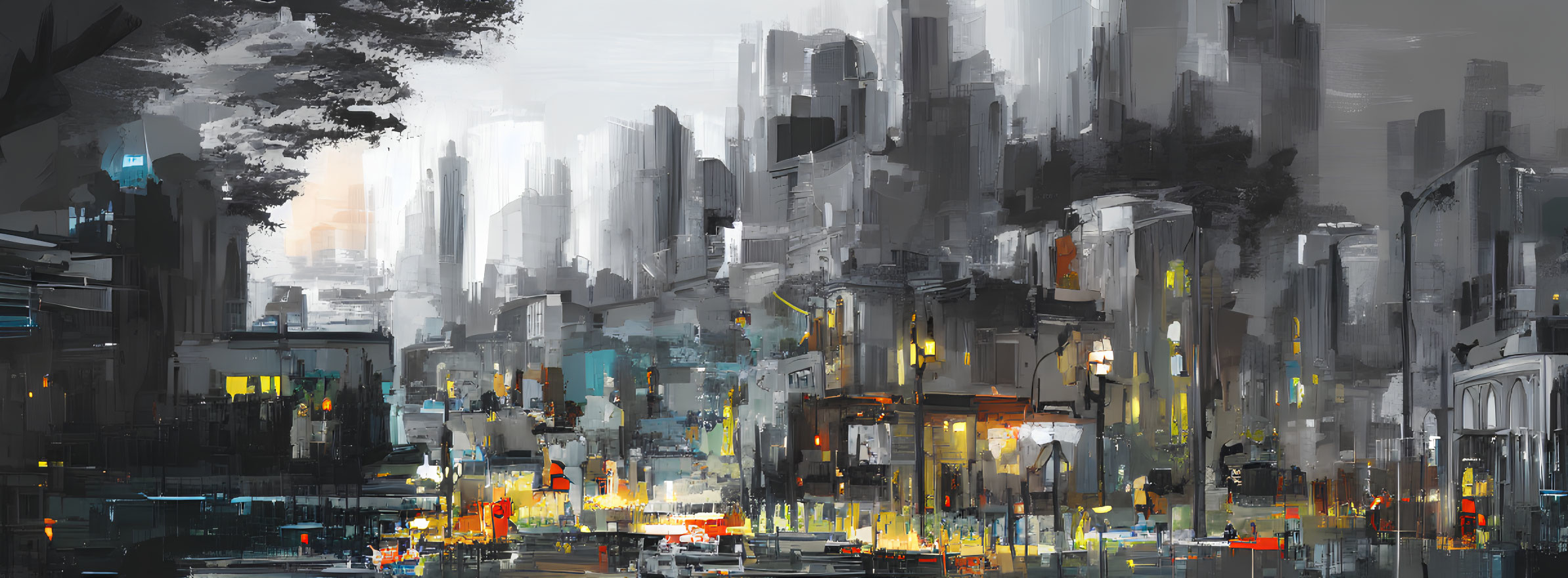 Monochromatic cityscape painting with tall buildings and street lights