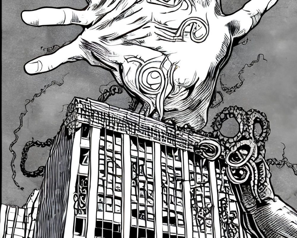 Monochrome illustration of giant hand holding skyscraper with chained smaller hands