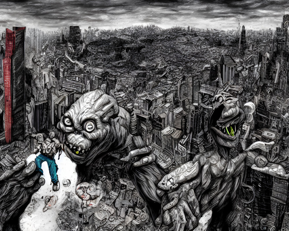 Monochrome dystopian cityscape with giant grotesque creatures and small figure