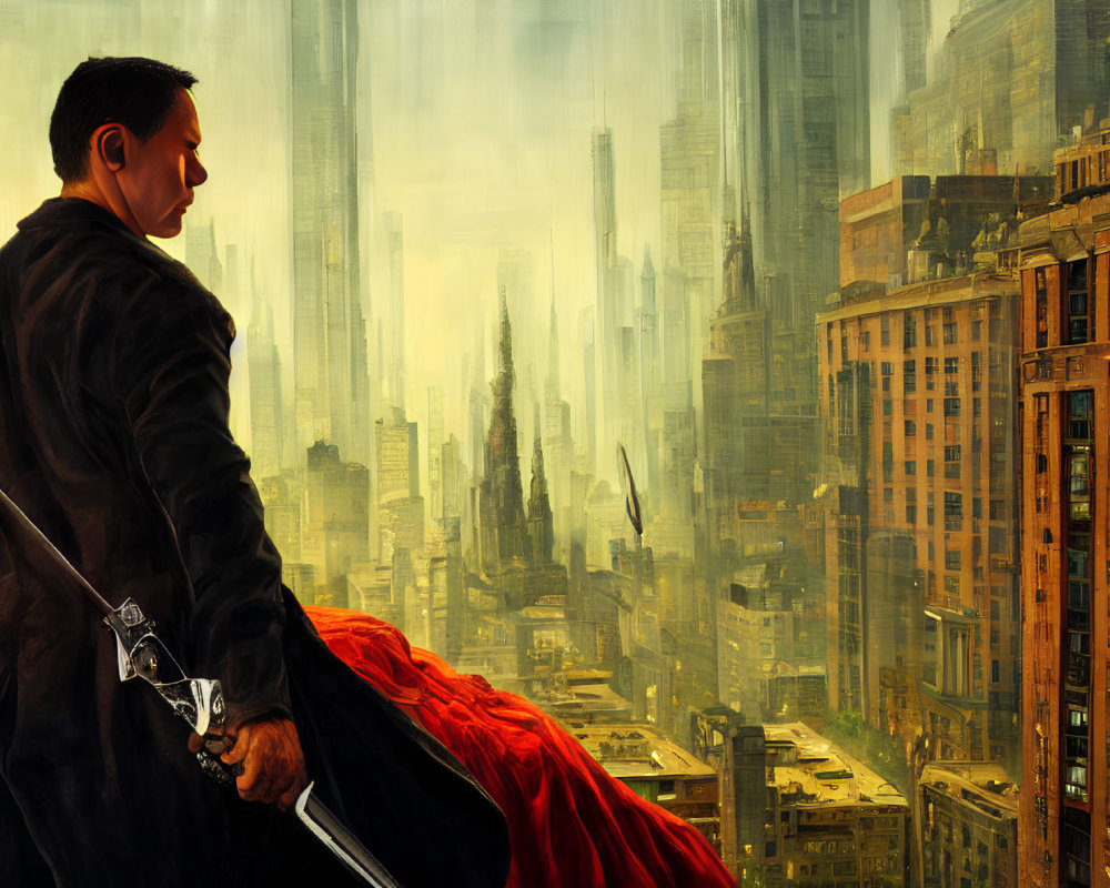 Man in Black Coat with Sword Overlooking Futuristic Cityscape