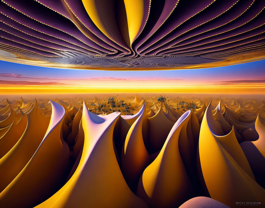 Surreal golden shapes in purple sky over desert landscape at twilight