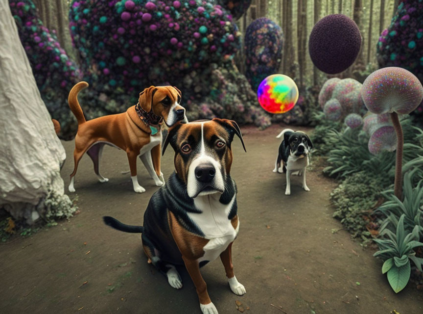 Whimsical garden scene with three dogs and colorful flowers