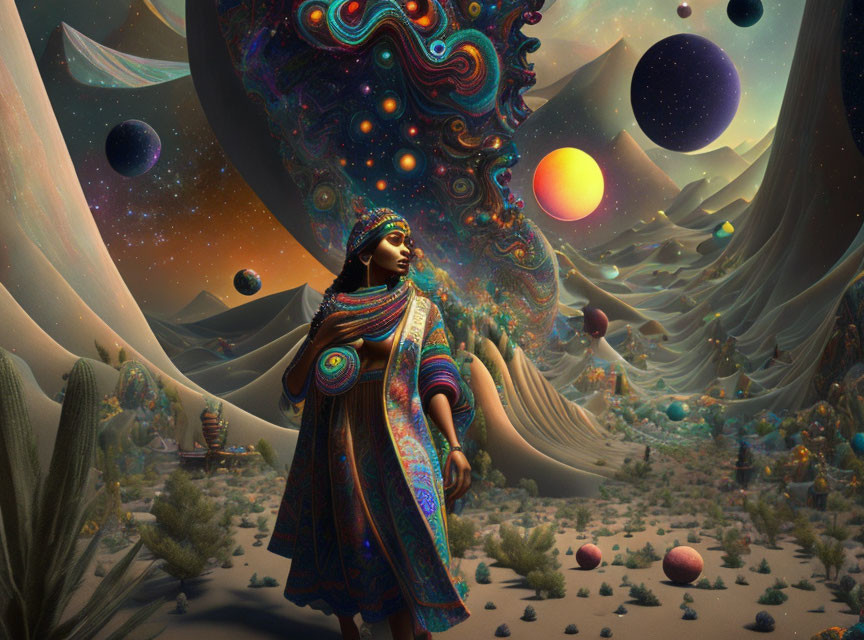 Colorfully dressed person in surreal desert with galaxy sky