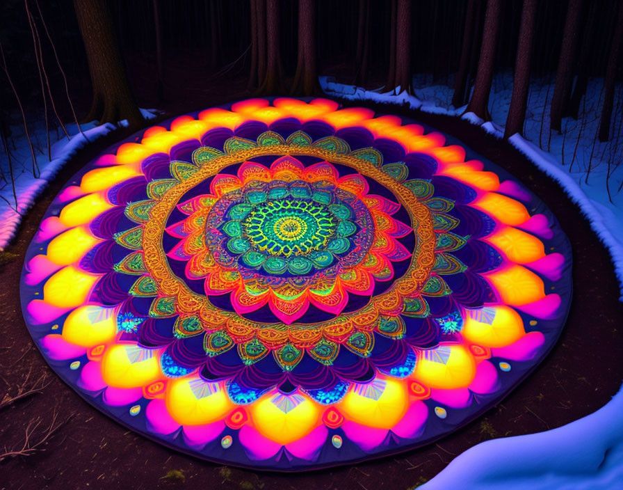 Colorful Mandala in Dark Forest with Snow-Covered Trees