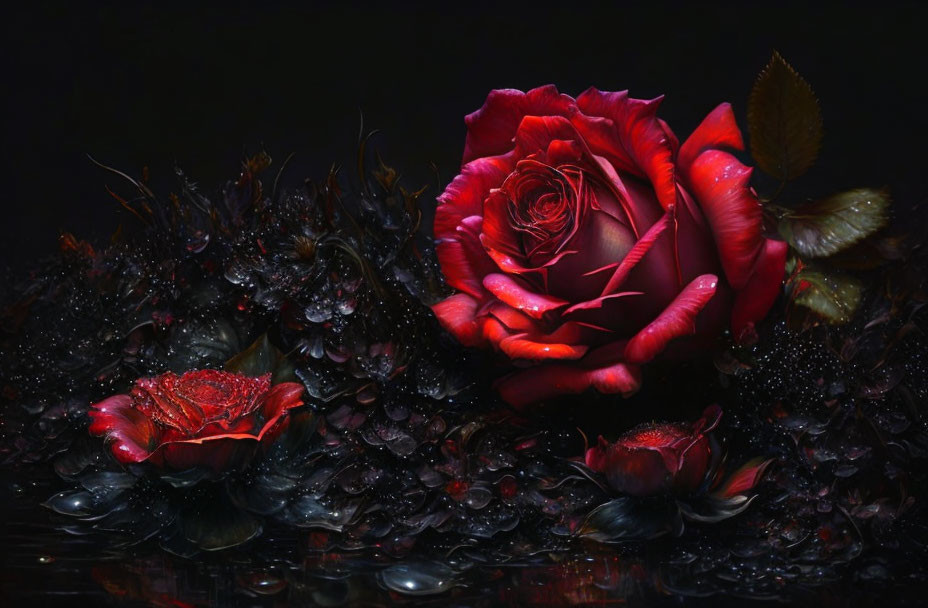 Vivid red rose among dew-covered petals on black background