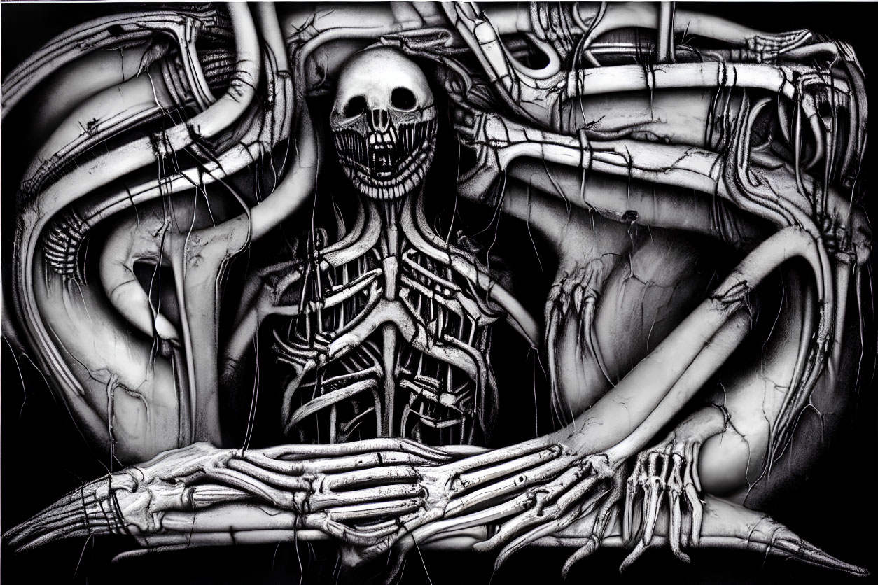 Monochromatic skeletal figure entwined in intricate patterns.