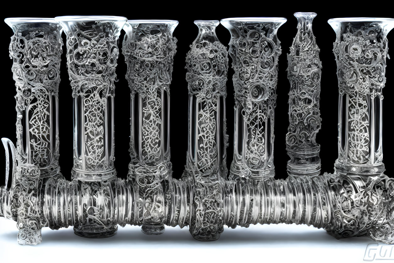 Intricate Silver Vases with Elaborate Filigree on Reflective Black Surface