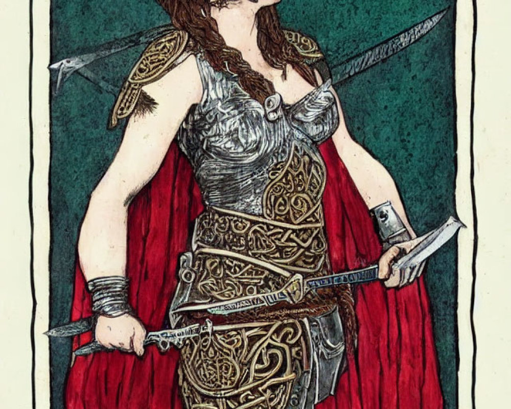 Illustrated female warrior in ornate armor with Celtic designs, holding sword and dagger on red and teal