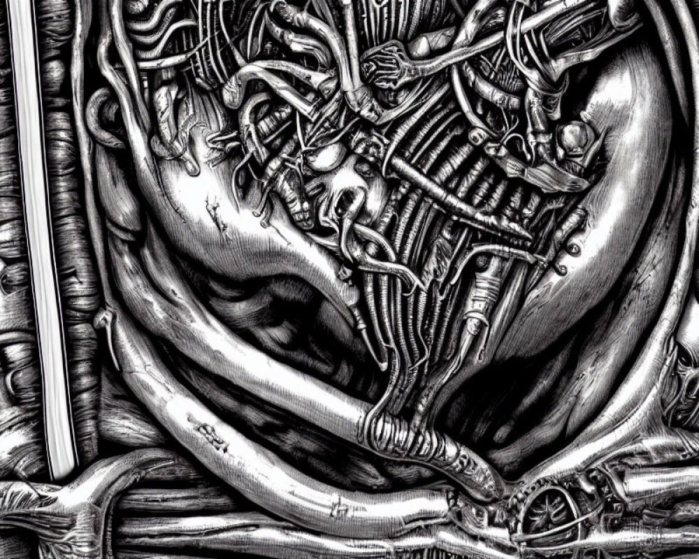 Detailed Monochrome Drawing of Surreal Biomechanical Fusion