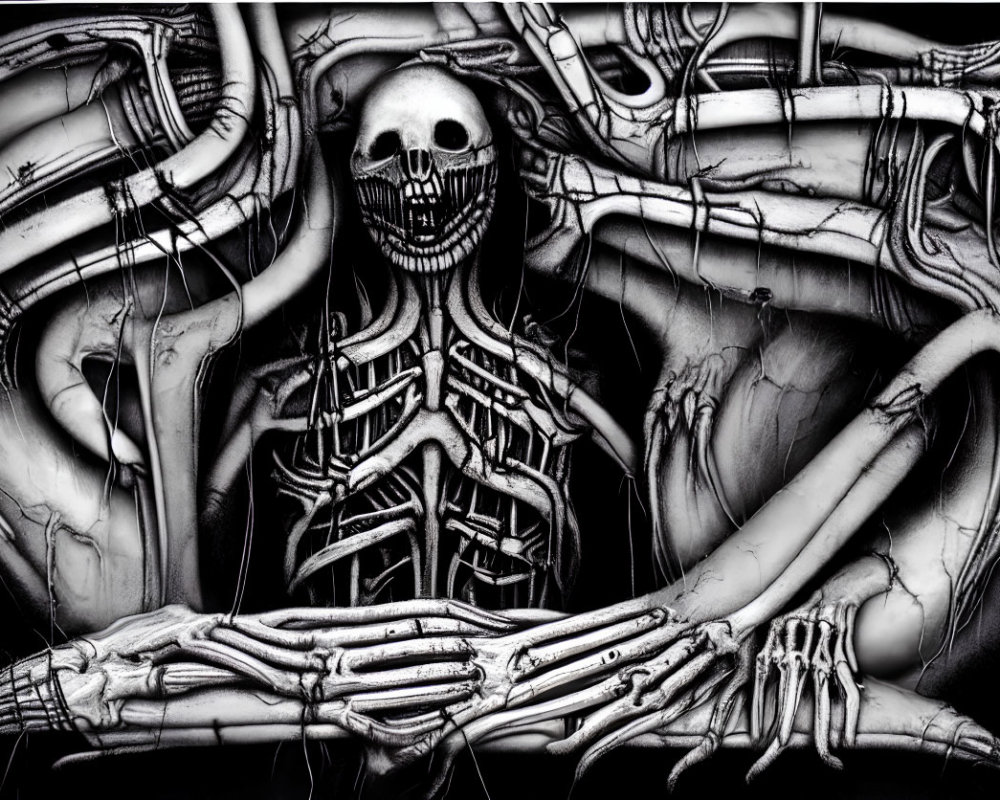 Monochromatic skeletal figure entwined in intricate patterns.